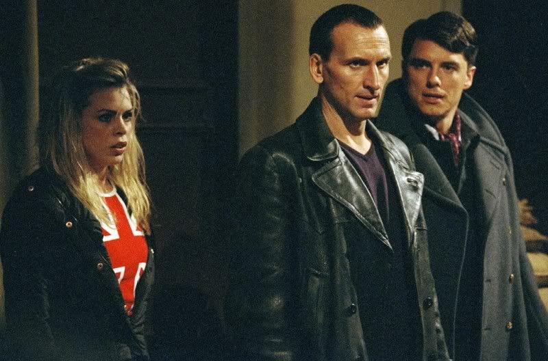 The Ninth Doctor with his companions, Rose Tyler and Captain Jack Harkness