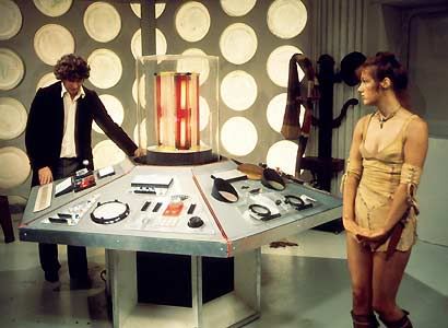 The Fourth Doctor and his companion, Leela, in the TARDIS