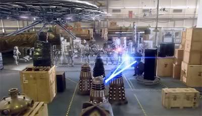 The Daleks and Cybermen fight in the Torchwood storage facility in Doomsday