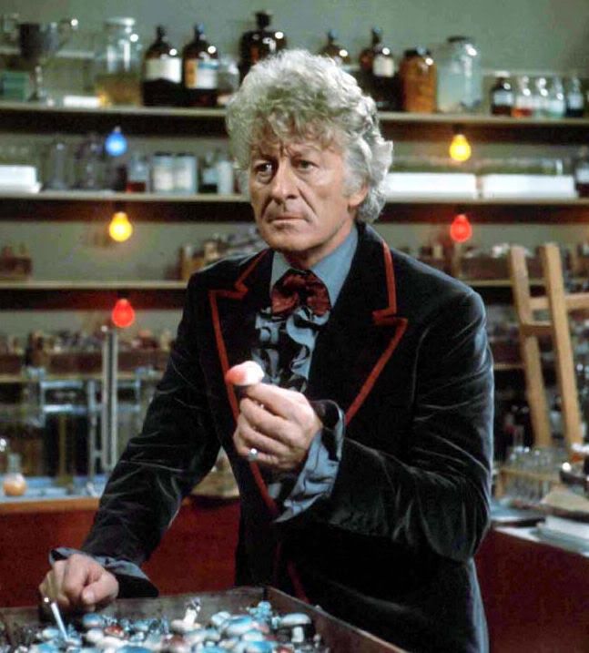 The Third Doctor working in a UNIT lab