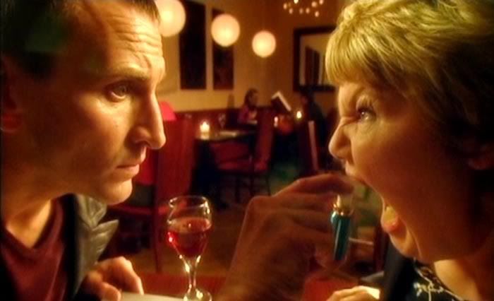 The Doctor and Blaine have dinner, where the Doctor stops one of her ways of trying to kill him in Boom Town