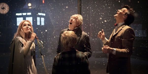 Kazran, The Doctor, Abigail and the young Kazran at the end of A Christmas Carol