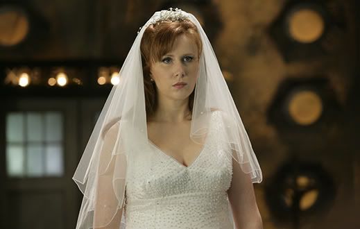 Donna Noble in her wedding dress on the TARDIS in The Runaway Bride