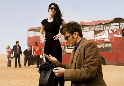 Christina de Souza with the Tenth Doctor on San Helios in Planet of the Dead