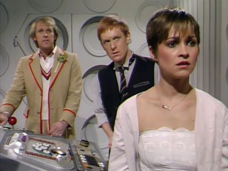 Tegan Jovanka with the Fifth Doctor and Vislor Turlough