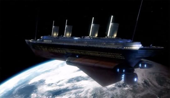 The spaceship Titanic in orbit around Earth in Voyage of the Damned