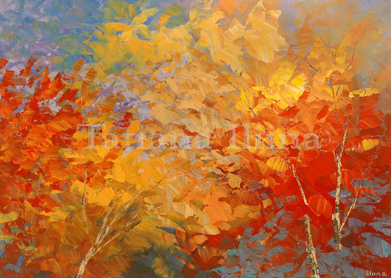 ORIGINAL landscape PAINTING palette knife leaves forest FALL colors art TATIANA